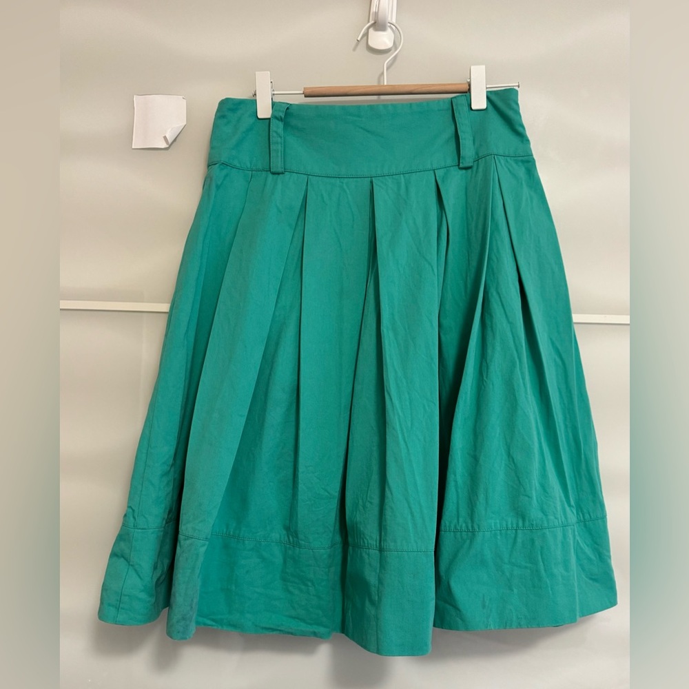 Kische teal skirt pleated A-line retro skirt size L FLAW green knee length as is